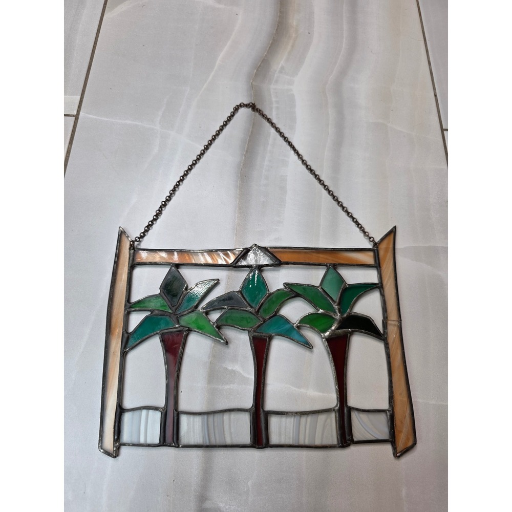 Vintage Stained Glass Palm Tree Suncatcher Tropical Coastal Window Hang 8x6 K1